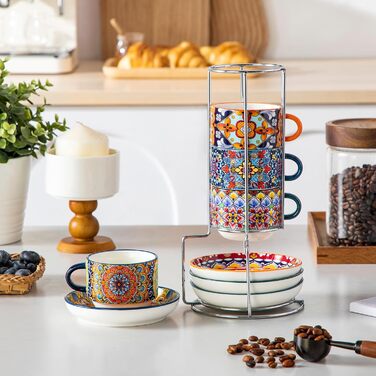 Набір чашок для еспресо Vancasso 4 шт., 150 мл, SIMI, з підставками та стійкою, керамічні, для капучино, еспресо, лате