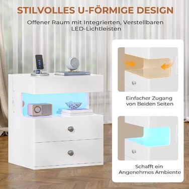 Нічний столик AOGLLATI з секретною поличкою, розеткою та LED-підсвіткою. 2 шухляди, висувний ящик, полиця. Білий, 40x35x59 см