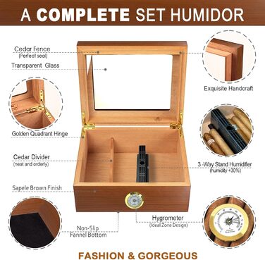 Вологозбережувач для сигар Slege, дерев'яний бокс з іспанської кедру, гігрометр, роздільники, аксесуари для сигар (30-50 сигар) (колір: коричневий)