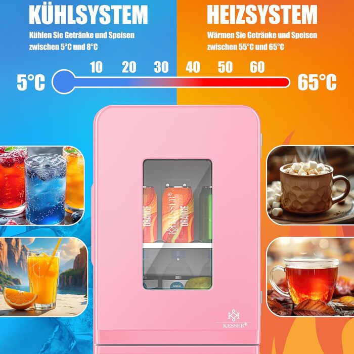 KESSER® Міні холодильник/термобокс 2в1, 15л, рожевий. Охолодження та підігрів, AC/DC, для авто, офісу, дому, кемпінгу.