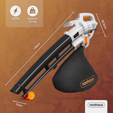 Електричний садовий пилосос-набір VonHaus 3000W: пилосос, дмухач, мульчер. Для саду, тераси, під'їзної дороги. З мішком 35л, плечовим ременем. Модель 8100089