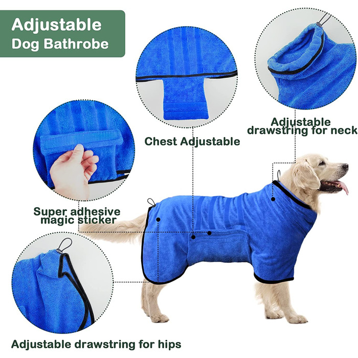 Халат для собак Pejoye з мікрофібри, рушник для лап вбираючий халат для собак, рушник для собак з халатом для собак, халат для домашніх тварин з чарівною стрічкою 2XL синього кольору