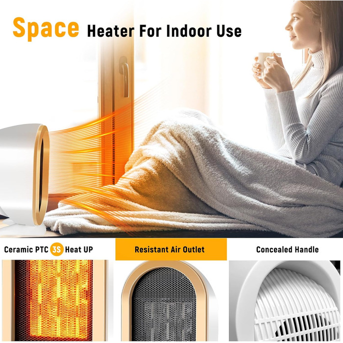 Електричний обігрівач Feebee: енергозберігаючий, тихий, 800/1200W, портативний, з підтримкою постійної температури та захистом від перегріву та перекидання. Ідеально для спальні, дому, офісу (білий)