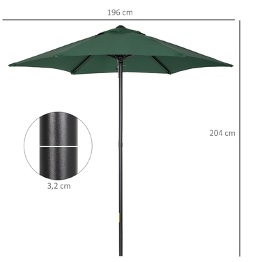 Outsunny Parasol Ø196 см, Парасолька з функцією складання, Шестигранна балконна парасолька Пляжна парасолька Вітрозахисна стабільна Ринкова парасолька Колінчастий Захист від сонця для пляжу Балкон Сад, зелений