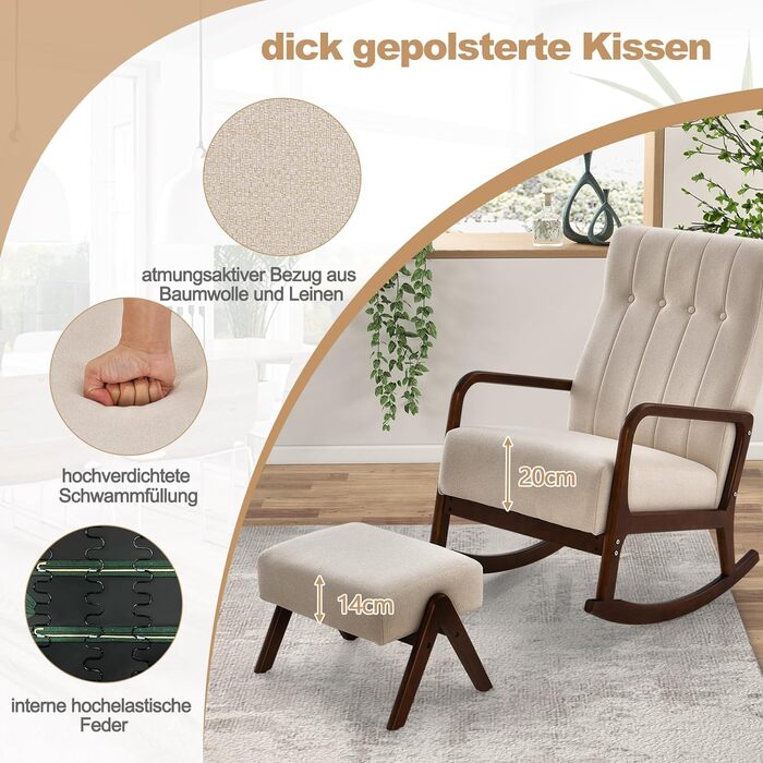 Крісло-гойдалка COSTWAY з пуфом, до 150 кг, бежеве - розслабляюче крісло для вітальні та спальні з дерев'яним каркасом