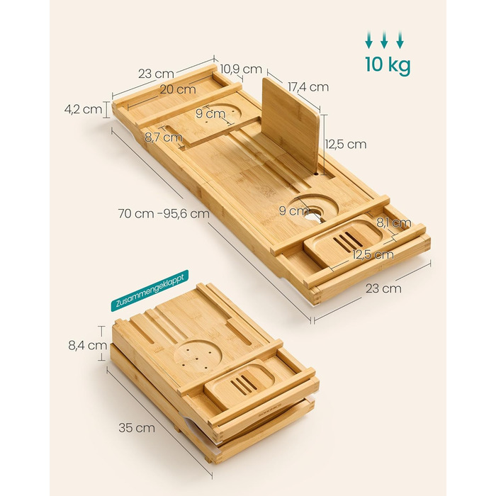 Полиця для ванни розкладна SONGMICS з бамбука 70-95.6 см, бежева - для книг, планшета, келиха, рушників
