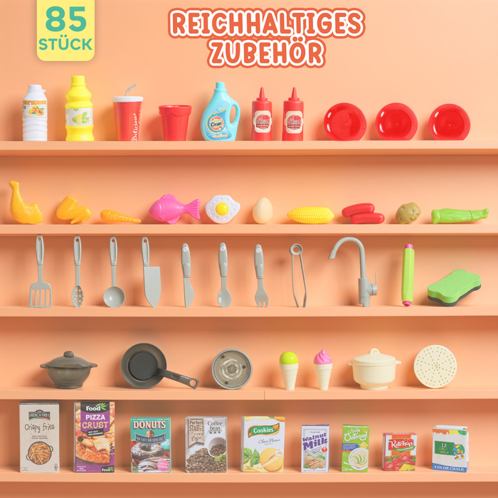 Дитяча кухня з проточною водою, 85 предметів аксесуарів, електричний кран, світлові та звукові ефекти, для дітей віком 3-6 років, пластик, зелений