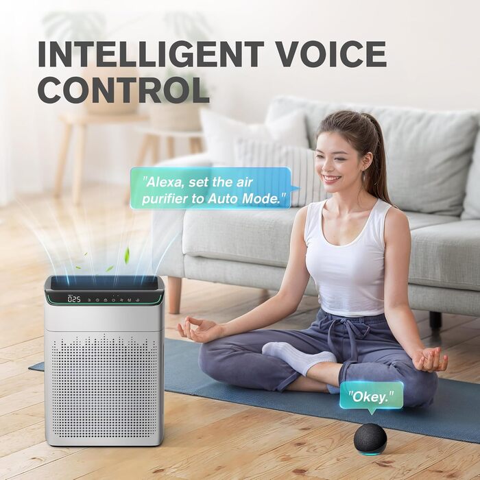 Повітряний очисник для алергіків та курців, CADR 340 м³/год, монітор PM 2,5, WiFi та Alexa, 4 режими