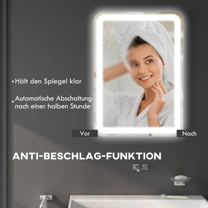 Дзеркало для ванної кімнати HOMCOM з підсвічуванням 50 x 70 см, LED, 3 кольори світла, сенсорне управління, функція пам'яті, антизапар, срібло