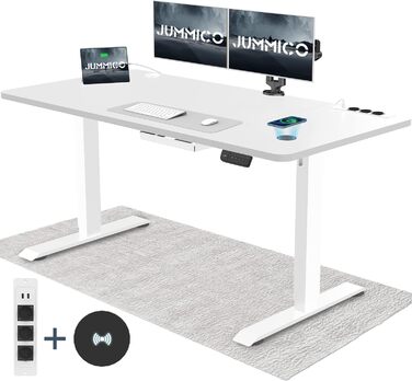 Регульований по висоті стіл JUMMICO 160x80 см з USB, бездротова зарядна панель, система прокладання кабелів, білий