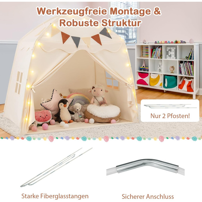 Дитячий ігровий будиночок COSTWAY, намет для дітей з прапорцями та гірляндою, намет принцеси, великий намет для дитячої кімнати для хлопчиків та дівчаток від 3 років, 157 x 98 x 148 см (Бежевий)