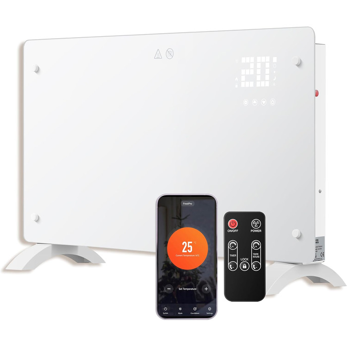 Конвектор DONYER POWER 2500W з Wi-Fi, 24H таймер, дистанційне керування, скло (1.5kW, білий)