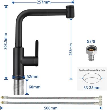 Змішувач для кухні чорний висувний, змішувач для кухні високого тиску CECIPA чорний з шухлядою для душу, змішувач для кухні з 2 типами струменя води, змішувач для раковини обертається на 360, змішувач для кухні чорний