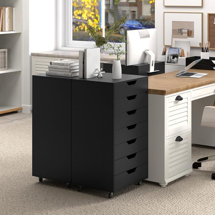 Роликовий контейнер GIANTEX з 5 висувними ящиками, офісний шафка для документів на колесах, тумба під стіл з дерева, стіл-принтер для дому та офісу (Білий, Чорний), 49 x 40 x 87 см