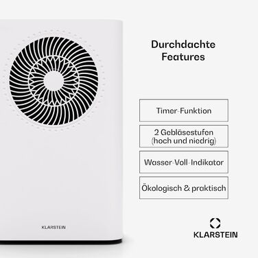 Зволожувач повітря Klarstein CircleDry 12L Smart з Wi-Fi, тихий 38dB, таймер 24г, безперервна злив, контроль вологості, для приміщень до 24м², білий