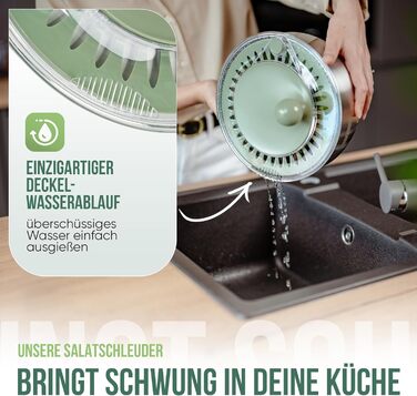 Салатниця-швидкоочисник з нержавіючої сталі з ручним приводом, 4.5л [2-в-1, випуск води, придатна для миття в посудомийній машині, неслизька]