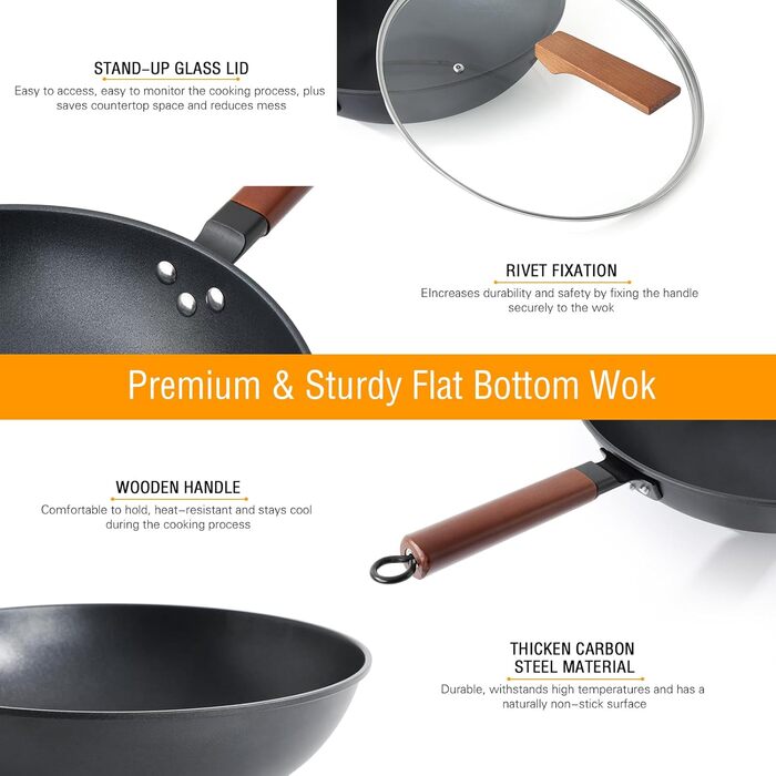 Кордісен Вок з антипригарним покриттям 33 см, 5.6 л з кришкою, без хімічного покриття, попередньо приправлений, підходить для індукційних, електричних та газових плит