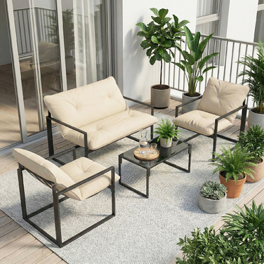 Набір садових меблів: скляний столик, 2 крісла, диван. Водостійкий, розміри дивана: 114 см x 70 см x 67 см, сірий + бежевий