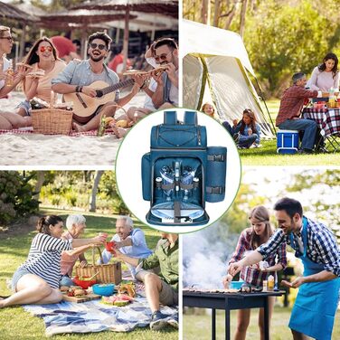 Набір для пікніка Hap Tim на 2 особи, рюкзак з тримачем для вина, флісова ковдра, набір столових приборів, ідеально для пляжу, подорожей, походів, кемпінгу, барбекю, сім'ї або як подарунок для пари (2 особи, блакитний)