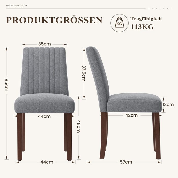 COLAMY Комплект з 2 обідніх стільців, м'який дизайн, спинка, для кухні, ресторану, сірий колір