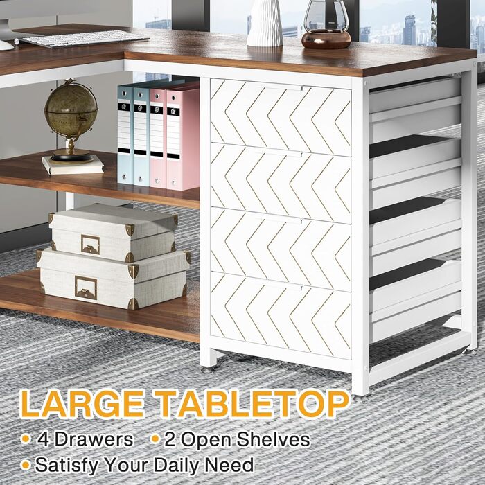 Письмовий стіл Tribesigns L-подібний з 4 висувними ящиками, комп'ютерний стіл з 2 полицями, кутовий стіл з місцем для зберігання для офісу, кабінету, вітальні, 150×110×75 см (горіх & білий)