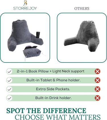 Storrejoy Велике подушко-крісло для читання - спинка для сидіння в ліжку з підлокітниками, знімною подушкою для голови, з піною з пам'яті, тримачем для книги/планшета, кишенями для зберігання та отвором для ручки (Антрацит) Темно-сірий
