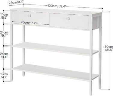 Консольний столик HOOBRO з шухлядою та двома полицями, 100x24x80 см, білий. Підходить для прихожей, вітальні, передпокою