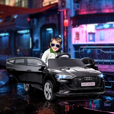 Електромобіль HOMCOM Audi e-tron 12V для дітей 3-5 років. Реалістичний дизайн, дистанційне керування, безпечний ремінь, музика (MP3/USB/TF), швидкість до 3-5 км/год. Чорний колір.