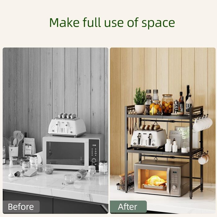 Регульована полиця для мікрохвильової печі NETEL 3-ярусна, чорна, висувна 40-60 см, з кошиками