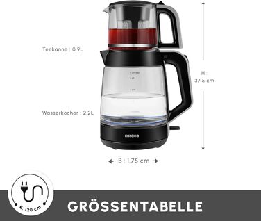 Чайник-заварник електричний Karaca Glass XL 2 в 1, чорний, 0.9л/2.2л, LED, 360°