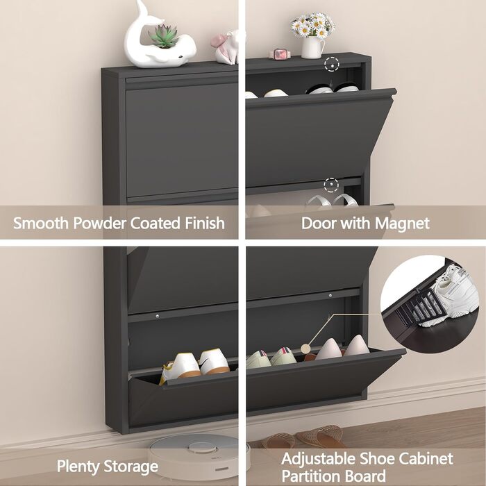 Взуттєва шафа GREATMEET для передпокою, вузька, настінна, металева, з 3 висувними ящиками (чорна)