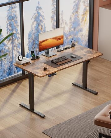 Регульований стіл з USB-портом та розеткою, 100 x 60 см. Електричний стіл, комп'ютерний стіл з пам'яттю, білий (коричневий)