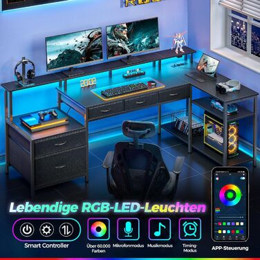 Кутовий стіл Seventable L-подібної форми з висувними ящиками, LED-підсвічуванням та підставкою для монітора, з розеткою, білий (чорний)