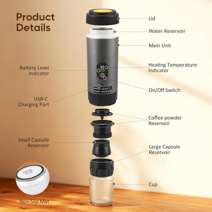 Hoyiyobi Міні кавомашина на акумуляторі, портативна еспресо-машина, 3-в-1 для дому, офісу та подорожей