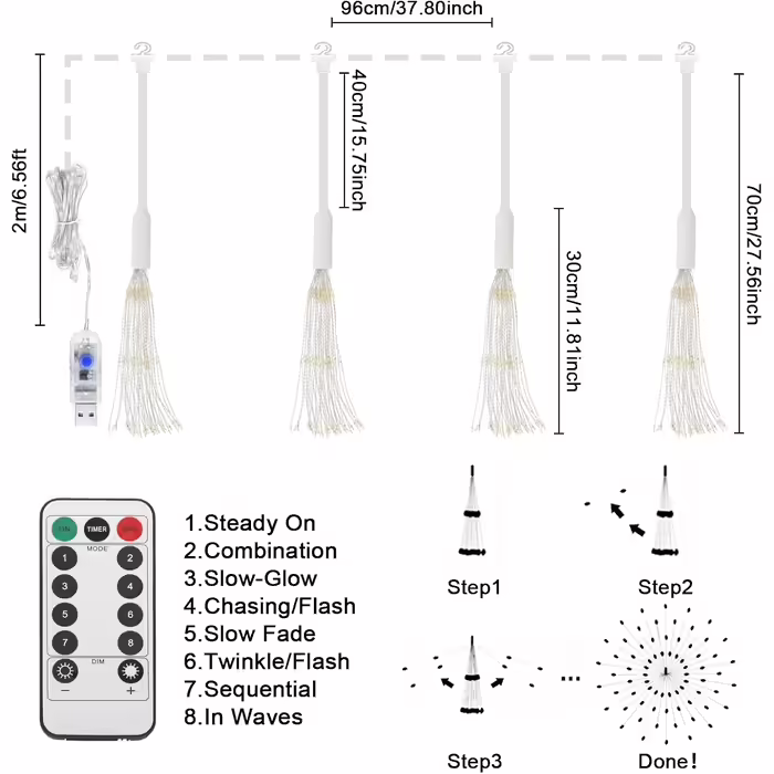 Гірлянда JIMACRO LED 4 шт. 120 LED, феєрверк, зірковий спалах, USB, 8 режимів, водонепроникна, з пультом, для вулиці та приміщення, біла, для Нового року, весілля, вечірки