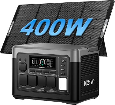 Портативна електростанція 1024Wh LiFePO4, сонячний генератор з 4 роз'ємами AC 1800W (3600W пік), 100W USB-C, швидка зарядка, UPS, для кемпінгу, RV, надзвичайних ситуацій (P1000E PLUS+PV400 сонячна панель)