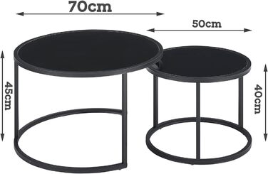 Набір журнальних столиків Soayone з 2 скла/металу, круглий, чорний, розміри 70x70x45 & 50x50x40 см