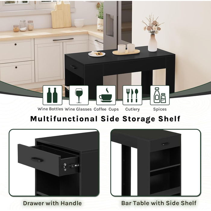 WOLTU Столик барний, кухонний, вітальні, їдальні з 1 шухлядою, 3 полицями, віноградником, чорний 100x50x100 см