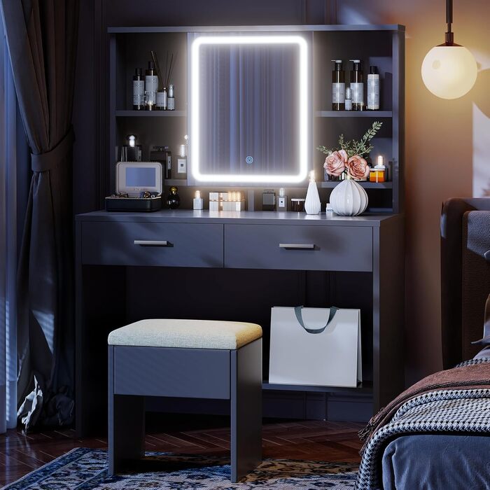 Дзеркальний туалетний столик JUMMICO з LED-підсвічуванням, 2 шухляди, 4 полиці, білий (чорний)