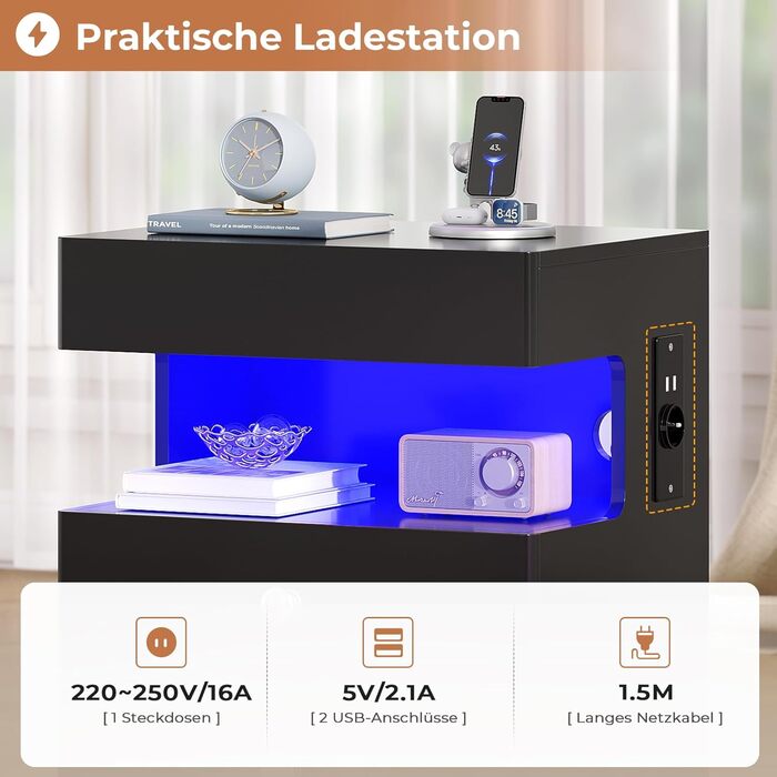 Нічний столик AOGLLATI з прихованим відділенням, розеткою та LED-підсвічуванням, 2 шухляди, висувний ящик, полиця, глянцева поверхня (40x35x59 см, чорний, 2)