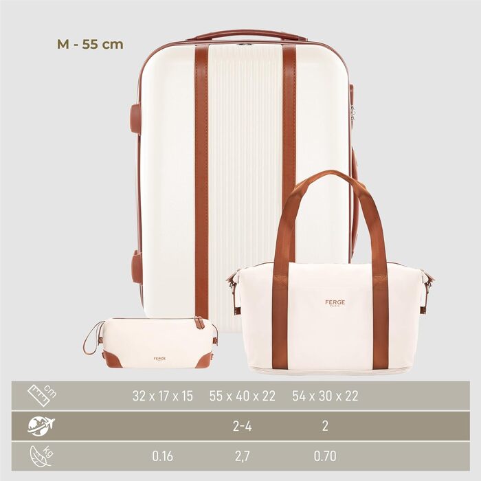 Набір валіз FERGÉ Milano 5-в-1: велика, середня, маленька + сумка + органайзер - бежево-коричневий