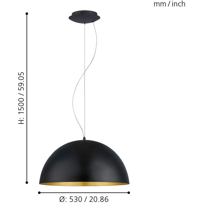 Підвісний світильник EGLO Gaetano 1, підвісний світильник для обіднього столу, металевий обідній світильник у чорному та золотому кольорах, цоколь E27, Ø 53 см чорний, золотий Ø 53 см