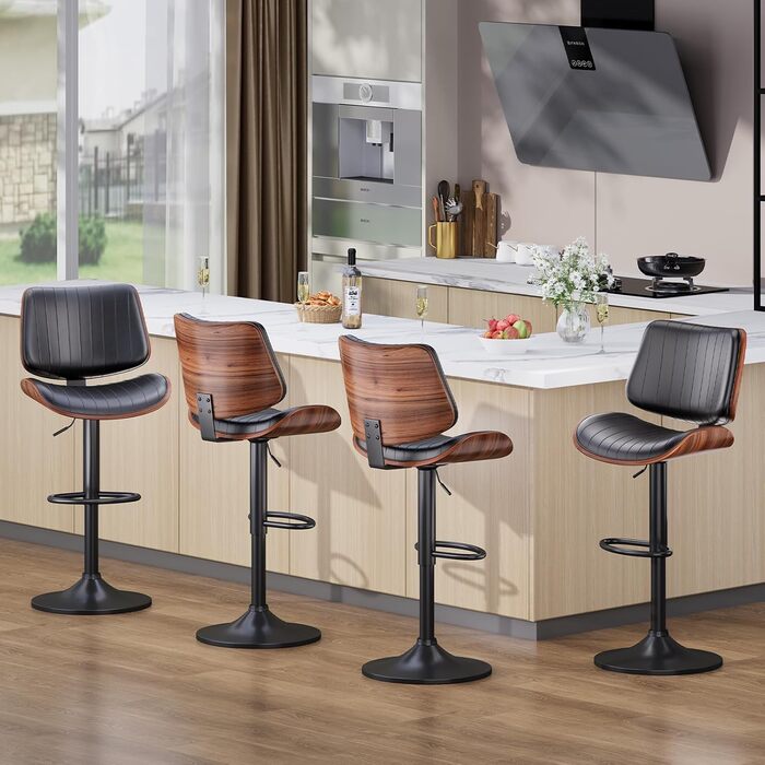 Набір з 2 барних стільців GIKPAL з дерев'яною спинкою та шкіряним сидінням, обертаються, чорний