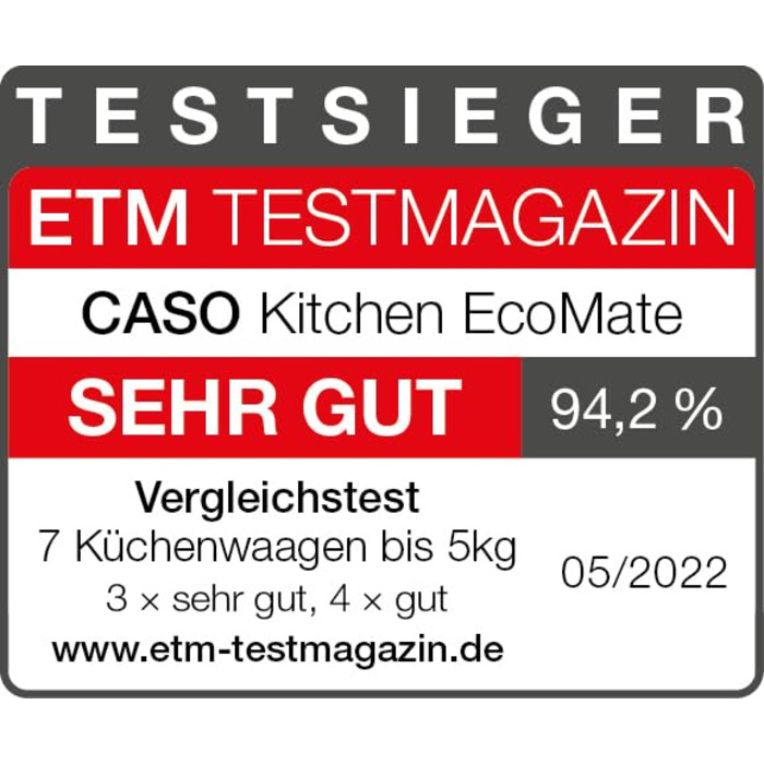 Кухонні ваги CASO Design Kitchen EcoMate: без батарейок, до 5 кг з кроком 1 г, тестування Haus & Garten Test