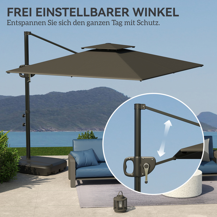 Відображуваний зонт для саду розміром 247 x 247 см з подвійним куполом, ручним механізмом, стійкою та водовідштовхувальним покриттям, темно-сірого кольору.