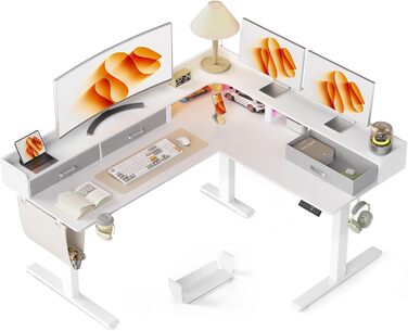 Електричний кутовий стіл L-подібної форми, 160 x 140 см, з 3 висувними ящиками, регулювання висоти, для офісу, ігрової кімнати, дому