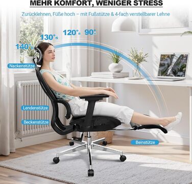Ергономічне крісло для офісу, 4D підлокітники, регульована глибина сидіння, 4-ступеневий нахил, гумові колеса, сітчаста сидіння, висока спинка, для великих людей, Homeoffice & Gaming, ергономічне крісло для робочого столу (Чорний – з підставкою для ніг, с