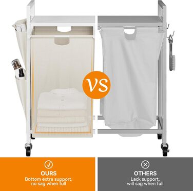 WOWLIVE Подвійний кошик для білизни з кришкою, на колесах, з металу, сортувальник білизни з верхньою полицею та 2 знімними мішками, велике зберігання одягу для кімнати (110л, білий/оптичний сад)