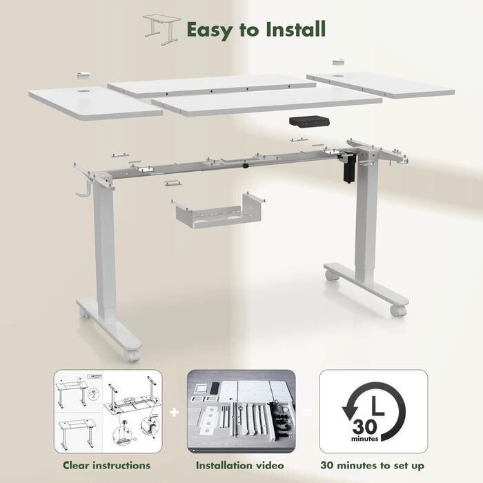 Електричний регульований стіл JUMMICO 160x80 см з підзарядною станцією, білий. Ергономічний стіл для роботи з кабельною організацією