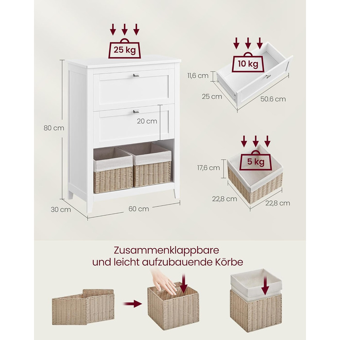 Тумба для ванної з 2 ящиками, роздільниками, 2 кошиками, 30x60x80 см, хмарно-білий BBC545W02